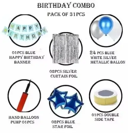Realistic Store Blue & Silver Happy Birthday Decoration Kit Combo Set ( blue, OS )