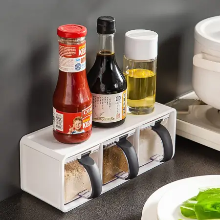3-piece modular spice storage box set with stand and spoons transparent seasoning containers with - Durable Plastic ( default, OS ).