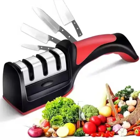 3-Stage Manual Kitchen Knife Sharpener – Stainless Steel & ABS | For Ceramic & Steel Knives | Anti-Skid Base | Pack of 1. ( multi, Standard )
