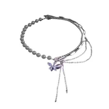 Stylish Silver-Plated Butterfly CZ Pearl Necklace ( default, Standard )