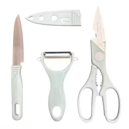 SMALL/MINI Kitchen Fruit Knife Set with Non-Slip Handle, Antibacterial Multi-Color Printed Non-Stick Coating, 4-in-1 Paring Knife, Cutter, Peeler & Chopping Board Set ( default, Standard )