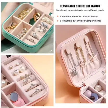 Square Travel Jewellery Case for Women – Leather Travel Earrings Organizer, Multicolor. ( pink, Free Size ).