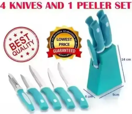 Kitchen Knife Set with Stand – 4 Knives & 1 Peeler | ABS Plastic Stand | Women’s 1st Choice | Blue ( default, Standard ).