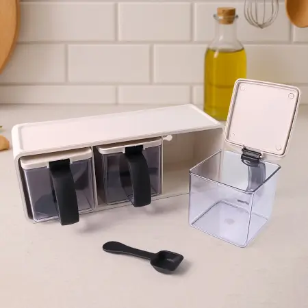 3-piece modular spice storage box set with stand and spoons transparent seasoning containers with - Durable Plastic ( default, OS ).