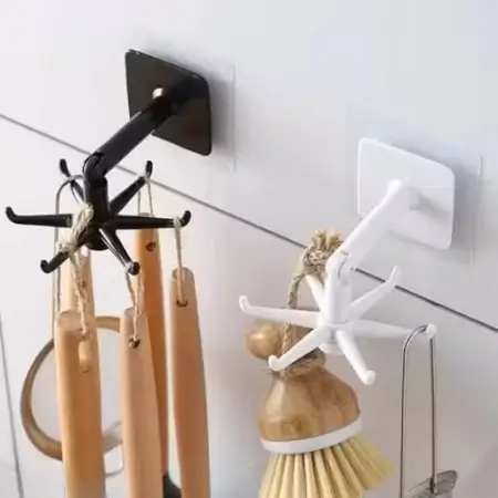 2-Piece 360° Rotating Folding Hook – Self-Adhesive Waterproof Wall-Mounted Utensil & Storage Organizer with 6-Claw, Home, Bathroom & Office.