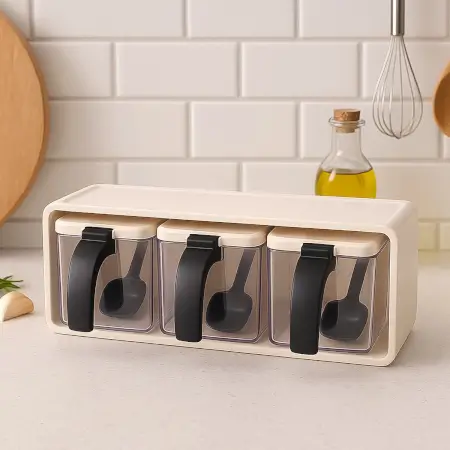 3-piece modular spice storage box set with stand and spoons transparent seasoning containers with - Durable Plastic ( default, OS ).