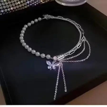 Stylish Silver-Plated Butterfly CZ Pearl Necklace ( default, Standard )